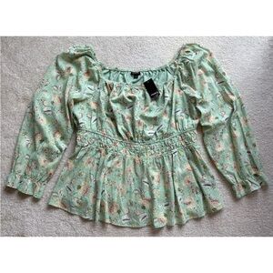 Torrid Clip Dot Smocked Milkmaid Top Womens 2X Mint Green Floral Coquette NWT